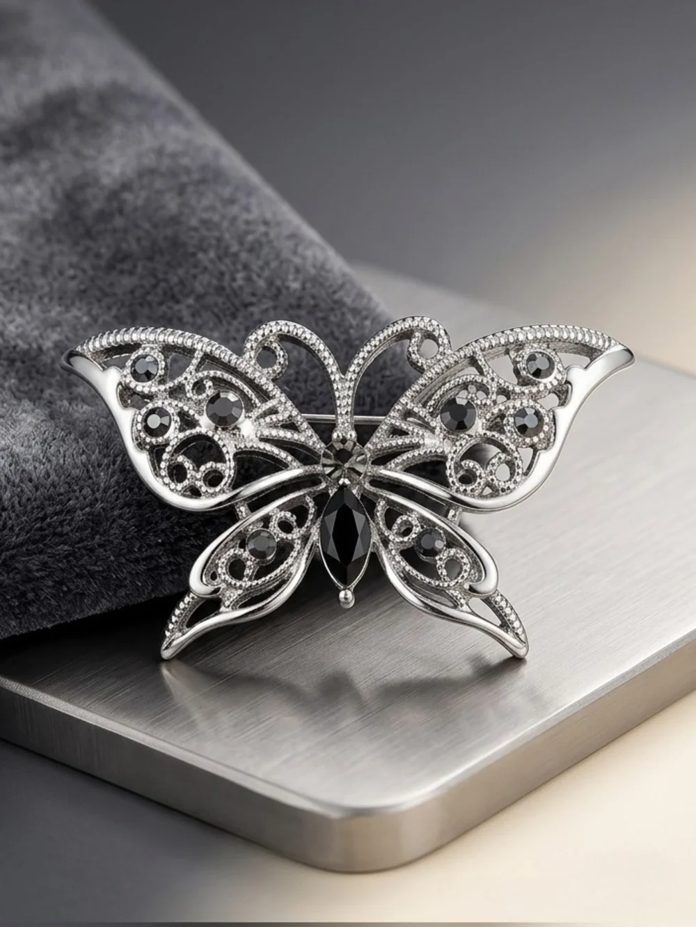 Vintage Silver Tone Butterfly Brooch with Black Stones